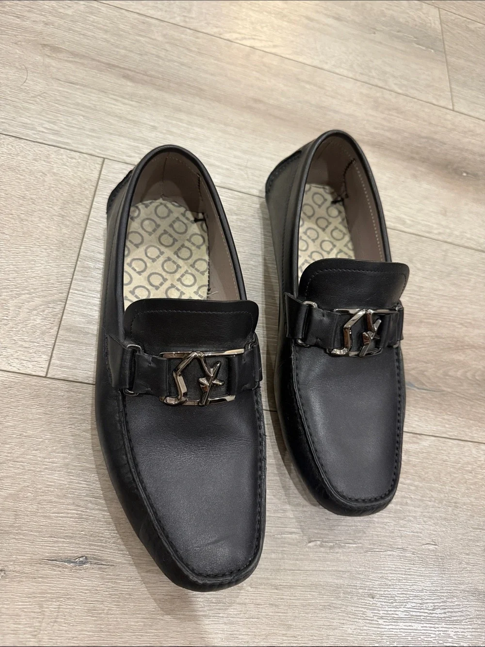 Salvatore Ferragamo Black Leather Loafers with Silver Gancini Accent